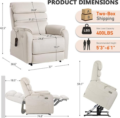 EONIX Wide Lay Flat Power Lift Recliner Chair for Elderly, Heavy Duty Oversized Fabric Lift Chairs Recliner Sofa with Heat and Massage and Charging Ports, Chenille White