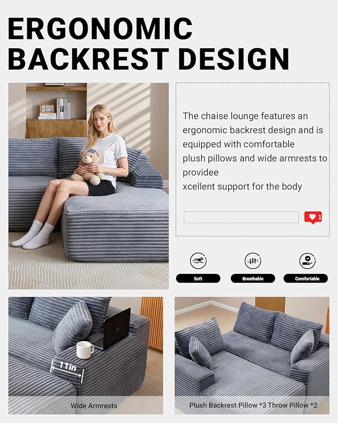 108 Inch Cloud Sectional Couch,Modern Modular Sectional Sofa with Deep Seat,Corduroy Boneless Couches with L-Shape Chaise for Living Room,No Assembly Required (Grey, Right Facing Chaise + Ottoman)