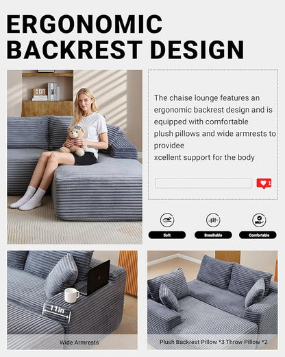 108 Inch Cloud Sectional Couch,Modern Modular Sectional Sofa with Deep Seat,Corduroy Boneless Couches with L-Shape Chaise for Living Room,No Assembly Required (Grey, Right Facing Chaise + Ottoman)