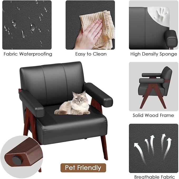 STHOUYN Black Leather Accent Chairs Set of 2, Mid Century Modern Accent Chair, Side Arm Chairs for Living Room, Office Guest Waiting Room Chairs (2, Black)