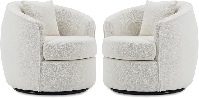 Swivel Accent Chair Set of 2, Modern Upholstered Boucle Barrel Arm Chairs with Pillow for Living Room, 360 Degree Round Swivel Sherpa Armchair with Round Base for Bedroom Club (2, Cream)