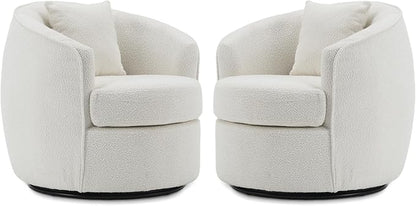 Swivel Accent Chair Set of 2, Modern Upholstered Boucle Barrel Arm Chairs with Pillow for Living Room, 360 Degree Round Swivel Sherpa Armchair with Round Base for Bedroom Club (2, Cream)