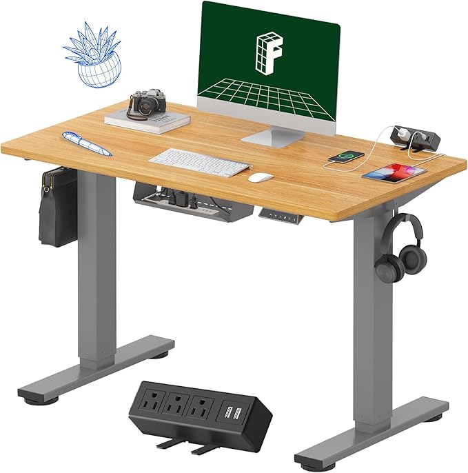 FLEXISPOT EN2 Whole-Piece Standing Desk with Clamp Power Strip, 40 x 24 Electric Stand Up Height Adjustable Desk with Cable Management (Gray Frame + Maple Top, 2 Packages)