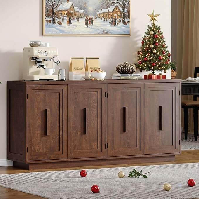 ONBRILL 63 Inches Sideboard Buffet Cabinet with Storage, 4 Doors Large Storage Cabinets with Adjustable Shelves, Modern Sideboard for Kitchen, Living Room, Entryway, Dark Walnut