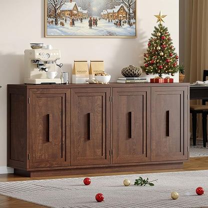 ONBRILL 63 Inches Sideboard Buffet Cabinet with Storage, 4 Doors Large Storage Cabinets with Adjustable Shelves, Modern Sideboard for Kitchen, Living Room, Entryway, Dark Walnut