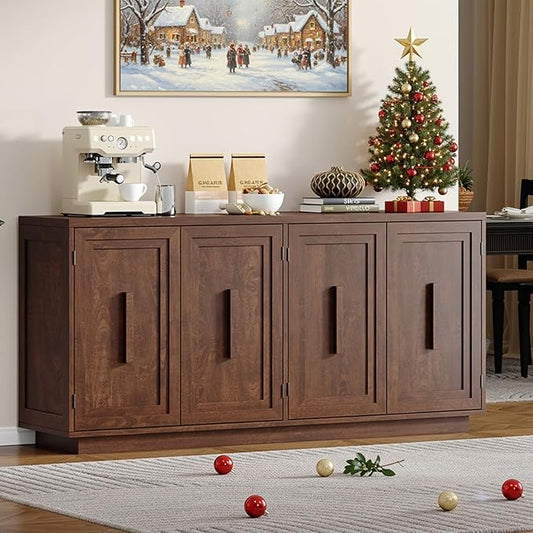 ONBRILL 63 Inches Sideboard Buffet Cabinet with Storage, 4 Doors Large Storage Cabinets with Adjustable Shelves, Modern Sideboard for Kitchen, Living Room, Entryway, Dark Walnut