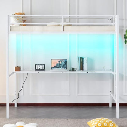 Karl home Twin Metal Loft Bed with Desk, with Power Outlet and LED Lighted, Safety Guardrail & Ladder, Space Saving, No Noise, No Box Spring Needed, White