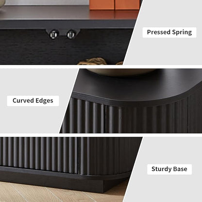 LKTART 64" Sideboard Buffet Cabinet with Storage, Wooden Fluted Storage Cabinet Sideboard Credenza with Adjustable Shelves Pressed Spring for Kitchen Living Room (Black Gray)