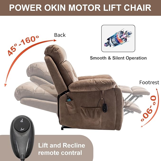 Oversized Lift Recliner Chairs for Elderly, 26in Extra Wide Power Chair with Massaga and Heating, Large Electric Lay Flat Recliners Sofa for Big and Tall Adult Lounging, Velvet Brown