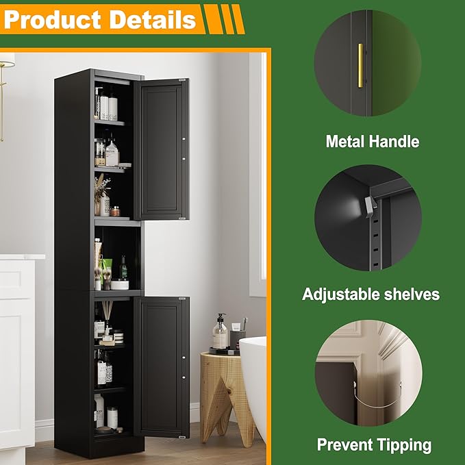 Tall Narrow Storage Cabinet 66.93" H Tall Bathroom Cabinet Metal Pantry Cabinets, 4 Adjustable Shelves for Kitchen, Home Office, Living Room, Dinning Room (12 inches Wide Black)