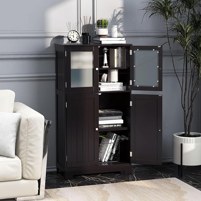 COSTWAY Bathroom Storage Cabinet, Wooden Linen Storage Organizer Cupboard with Doors & Adjustable Shelf, Freestanding Floor Cabinet for Living Room, Kitchen, Entryway, Office (Brown)