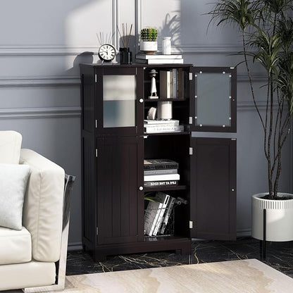 COSTWAY Bathroom Storage Cabinet, Wooden Linen Storage Organizer Cupboard with Doors & Adjustable Shelf, Freestanding Floor Cabinet for Living Room, Kitchen, Entryway, Office (Brown)