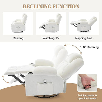 Oversized Swivel Rocker Recliner Chair with Heat and Massage, Large Big Recliner Chair for Living Room, 360 Degree Swivel Rocking Single Sofa with Cup Holders and USB Port(Teddy, White)