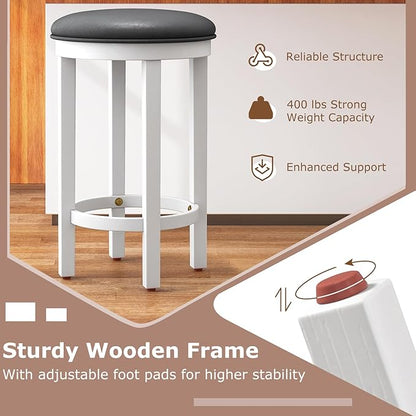 COSTWAY Upholstered Bar Stools Set of 2, 25” Counter Height Bar Chairs with Padded Cushion & Wooden Frame, Faux Leather Backless Stools for Kitchen, Dining Room, Pub, White + Grey
