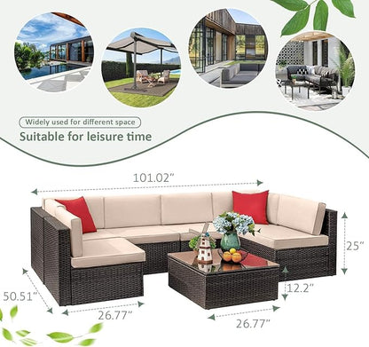 Devoko 7 Pieces Outdoor Sectional Sofa Patio Furniture Sets Manual Weaving Wicker Rattan Patio Conversation Sets with Cushion and Glass Table (Beige)