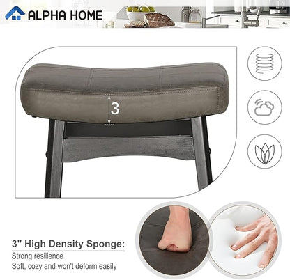 ALPHA HOME Bar Stool, Solid Wood Saddle Kitchen Stool with Grey PU Leather Cushion Counter Height Barstool with Wooden Base for Kitchen Dining Cafe, 24 Inch, Grey, 1PC