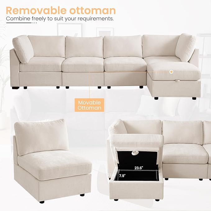 TEKAMON 123" Modular Sectional Sofa,Extra Large Comfy Cloud 4-Seat Deep Seat, Reversible Chaise Modular Sectional Couches for Living Room and Apartmenr,Beige