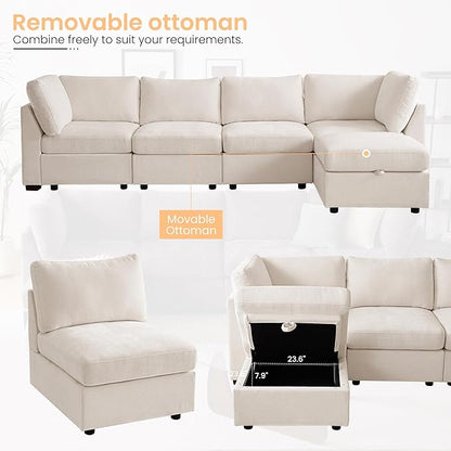 TEKAMON 96" Modular Sectional Sofa with Ottoman,Large Comfy Cloud 3-Seat Deep Seat,Reversible Chaise Modular Sectional Couches for Living Room and Apartmenr,Beige