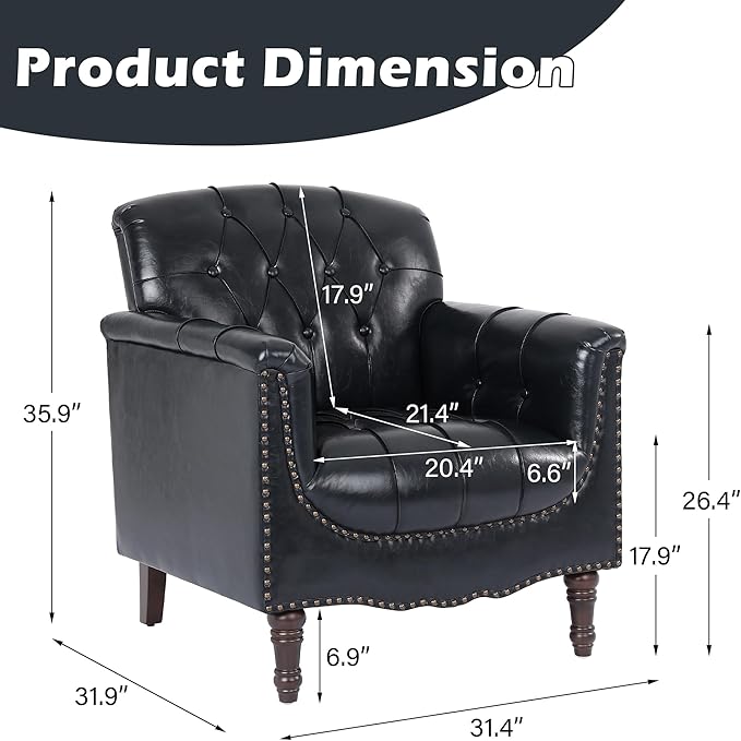 Lumibee Faux Leather Armchair, Contemporary Accent Chair with Nailhead Trims & Wood Legs for Living Room, Upholstered Comfy Arm Chair for Office,Bedroom-Blue Black