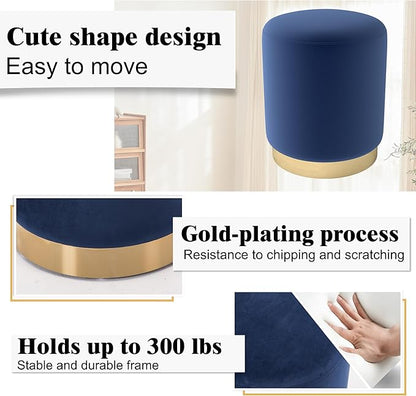 DAGONHIL Modern Round Velvet Ottoman,Upholstered Make-up Short Stools with Gold Plating Base,Foot Stool for Living Room,Pack of 1,Blue