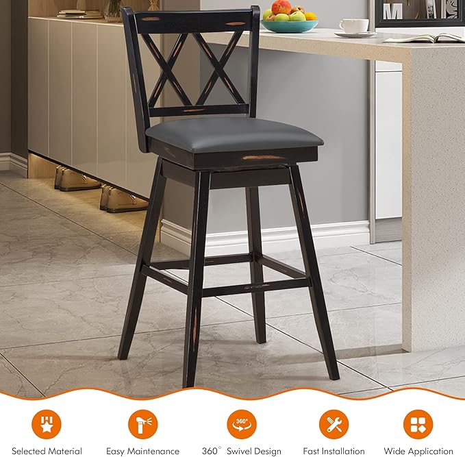 COSTWAY Bar Stool Set of 2, 360 ° Swivel Counter Height 29.5 inch Bar Stool with Foot Rest Upholstered Cushion & Ergonomic Backrest, Premium Foot Rest & Sturdy Frame (4, Black + Grey)