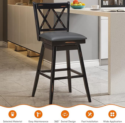 COSTWAY Bar Stool Set of 2, 360 ° Swivel Counter Height 29.5 inch Bar Stool with Foot Rest Upholstered Cushion & Ergonomic Backrest, Premium Foot Rest & Sturdy Frame (4, Black + Grey)