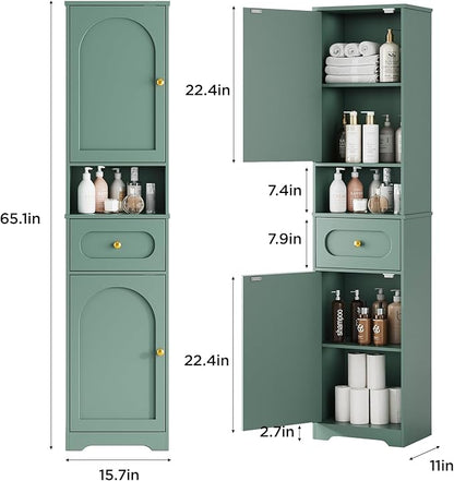 Maupvit 65" Tall Bathroom Storage Cabinet, Narrow Storage Cabinet with 2 Doors and Drawer, Bathroom Organizers with Adjustable Shelves for Living Room, Entryway, Green