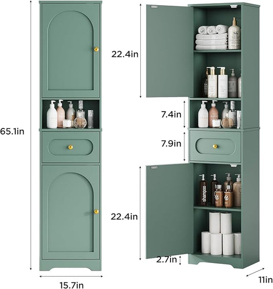 Maupvit 65" Tall Bathroom Storage Cabinet, Narrow Storage Cabinet with 2 Doors and Drawer, Bathroom Organizers with Adjustable Shelves for Living Room, Entryway, Green