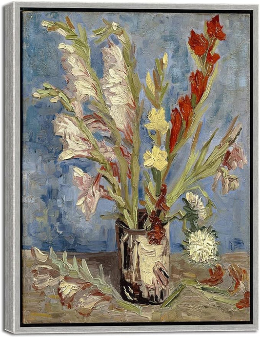Wieco Art Framed Wall Art Vase with Gladioli and China Asters by Van Gogh Modern Floral Canvas Prints Artwork Abstract Flowers Pictures on Canvas for Living Room Home Decorations