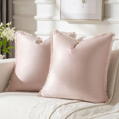FUTEI Pink Velvet Decorative Throw Pillow Covers 18x18 Set of 2,Soft Cozy Edge with Tassels Cushion Case,Boho Modern Home Decor for Couch Bed Living Room