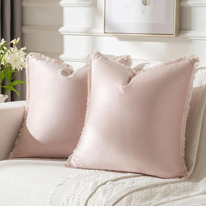 FUTEI Pink Velvet Decorative Throw Pillow Covers 22x22 Set of 2,Soft Cozy Edge with Tassels Cushion Case,Boho Modern Home Decor for Couch Bed Living Room