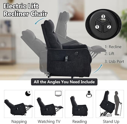 PELUMY Manual Lift Recliner Chair with Massage and Heat for Elderly, Single Motor Electric Lift Chair, Heavy Duty Recliner with USB Charging & Side Pockets (Chenille, Black)