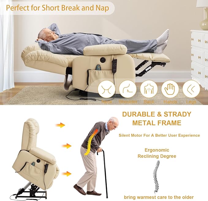 Dual Motor Large Power Lift Recliner Chair for Elderly with Heat and Massage,Lay Flat Lift Chairs Recliners for Seniors Infinite Position,USB Ports&Remote, Genuine Leather (Beige)