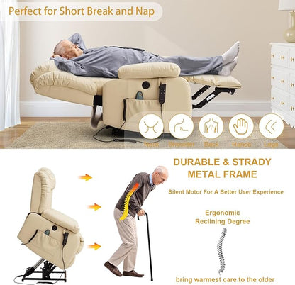 Dual Motor Large Power Lift Recliner Chair for Elderly with Heat and Massage,Lay Flat Lift Chairs Recliners for Seniors Infinite Position,USB Ports&Remote, Genuine Leather (Beige)