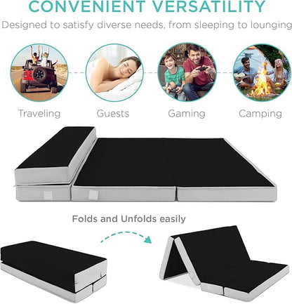 Best Choice Products 4in Portable Twin XL-Size Mattress, Tri-Fold Mattress for Camping, Guest, Toddler, Foam Plush w/Carry Case - Onyx Black