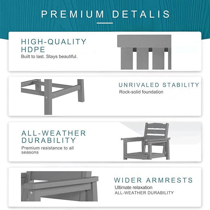 7 Piece Patio Dining Set with 11ft Patio Umbrella (Dark Green), 7 Gray Outdoor HDPE Dining Set with 6 Chairs + 1 Large Table, for Market, Pool, Garden, Backyard, Deck