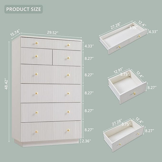 Fluted Dresser for Bedroom, 48" H White 7 Drawer Dressers, Wood Tall Dresser Storage Organizer, Modern Bedroom Chest with Deep Storage for Closet Hallway, Entryway, Living Room White