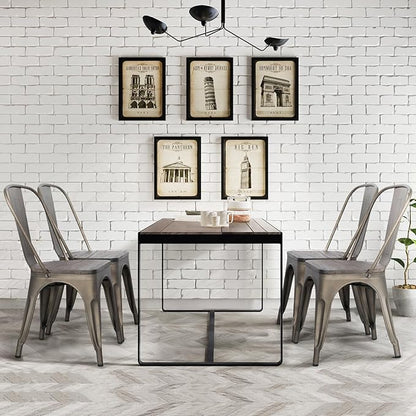 Yaheetech Metal Dining Chairs with Wood Seat/Top Stackable Side Chairs Kitchen Chairs with Back Indoor-Outdoor Classic/Chic/Industrial/Vintage Bistro Cafe Trattoria Kitchen Gun Metal, Set of 4