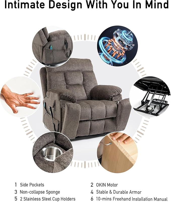 26in Extra Large Lazy Boy Recliner Chair for Tall Men Up to 6'2"/350lb Adjustment Power Lift Recliner Chair with Cupholder, Massage Chair Recliner with Lumbar Heating