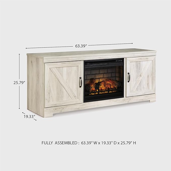 Signature Design by Ashley Bellaby Farmhouse 63" TV Stand with Electric Fireplace for TVs up to 72", Whitewash