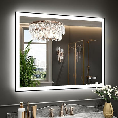 WTTY 40"X36" LED Bathroom Mirror with Black Frame, Bathroom Vanity Mirror with Lights for Wall, Front Light and Backlit, Anti-Fog, Dimmable, 3 Colors, Shatterproof, Memory, Horizontal/Vertical
