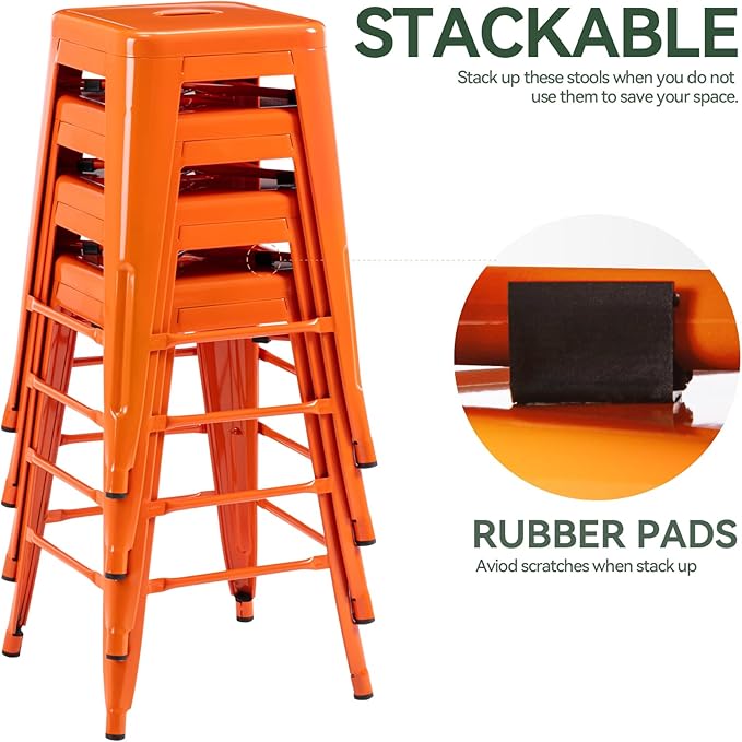 Vogue Furniture Direct 24" High Bar Stools Backless Orange Metal Barstools Indoor-Outdoor Counter Height Stools with Square Seat, Set of 4