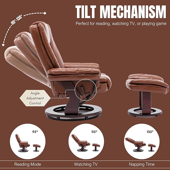 JC Home Argus Swivel Recliner with Ottoman, PU Leather & Wood Base Reclining Chair with Footrest, Ultra-Plush Double Foam for Living Room, Bedroom and Office