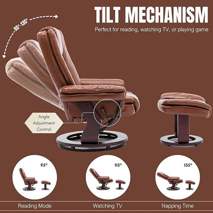 JC Home Argus Swivel Recliner with Ottoman, PU Leather & Wood Base Reclining Chair with Footrest, Ultra-Plush Double Foam for Living Room, Bedroom and Office
