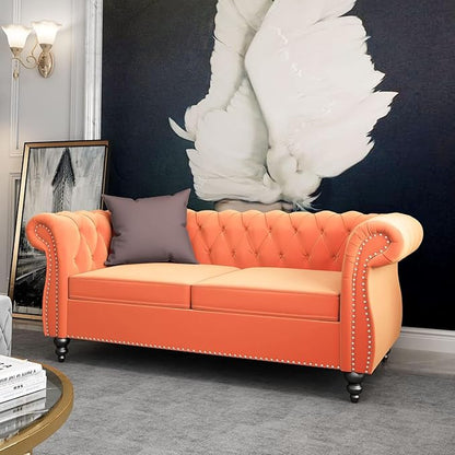 Chesterfield Loveseat Sofa, Modern Velvet Small Sofa Couch 2 Seater with Rolled Arms and Nailhead, Mid Century Modern Loveseat Couch for Small Spaces Living Room Bedroom Apartment, Orange