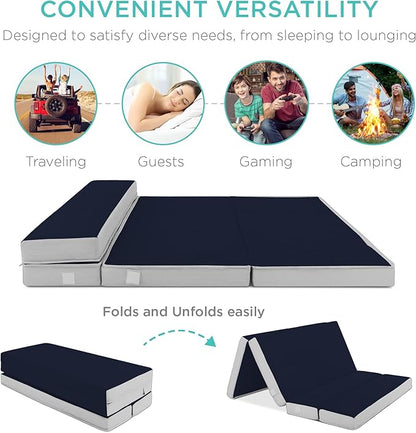 Best Choice Products 4in Portable Twin-Size Mattress, Tri-Fold Mattress for Camping, Guest, Toddler, Foam Plush w/Carry Case - Midnight Blue