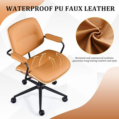BV Mid Century Modern Office Chair Set of 1, Swivel Rolling Deak Chair with Armrests and Walnut Back, Adjustable Desk Chair for Home Office, Brown