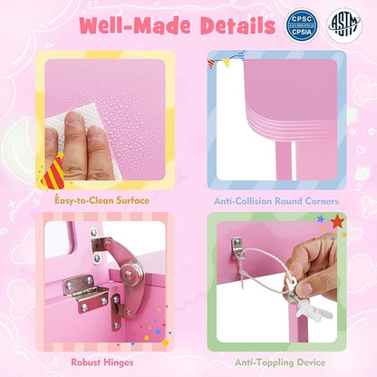 HONEY JOY Kids Vanity, Wooden Girls Vanity Desk with Flip Top Mirror, Hidden Storage Space, Toddler Makeup Vanity Dressing Table, Pretend Play Kids Vanity Table and Chair Set (Pink)