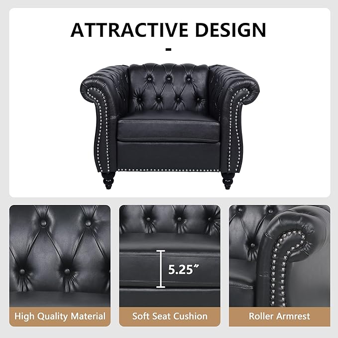Accent Sofa Chair for Living Room, Modern PU Leather Upholstered Armchair, Oversized Comfy Single Sofa Chair with Cushion, Mid Century Tufted Chesterfield Sofa Couch for Bedroom, Apartment (Black)