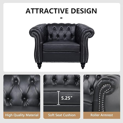 Accent Sofa Chair for Living Room, Modern PU Leather Upholstered Armchair, Oversized Comfy Single Sofa Chair with Cushion, Mid Century Tufted Chesterfield Sofa Couch for Bedroom, Apartment (Black)